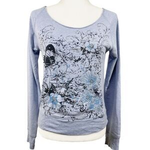 Express Floral Embellished Boatneck Sweatshirt Blue Silver Medium